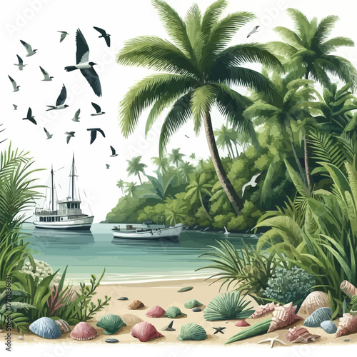 Serene tropical landscape with fishing boat, shells on sand and coconut palms illustration