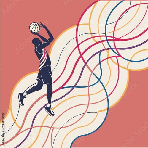 Silhouette of a basketball player jumping to shoot a ball with colorful abstract lines