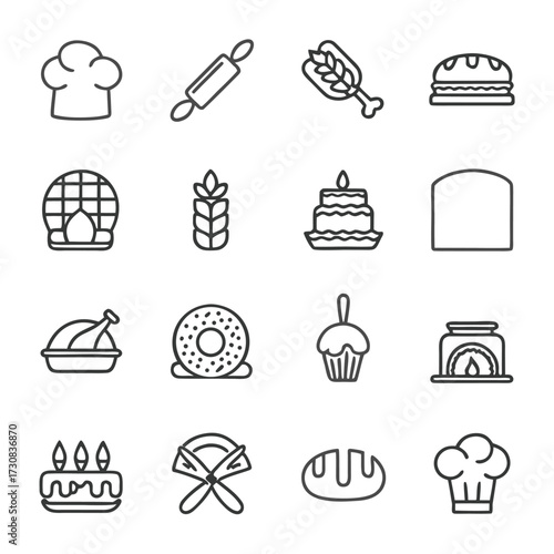 Collection of baking and bakery icons in outline style