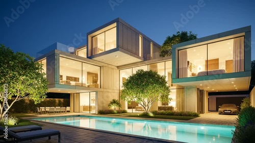 Wallpaper Mural Modern house with swimming pool at dusk, illuminated, luxury lifestyle Torontodigital.ca