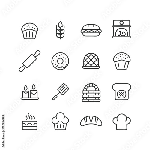 Collection of simple line art icons representing baking and bakery items