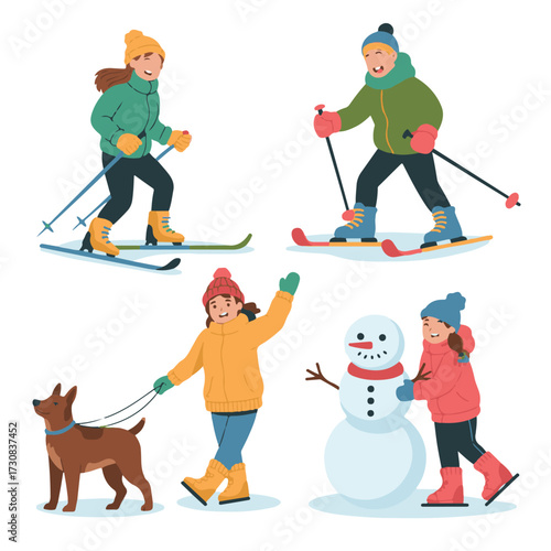 Happy Children and Families Enjoying Winter Sports and Recreation Outdoors