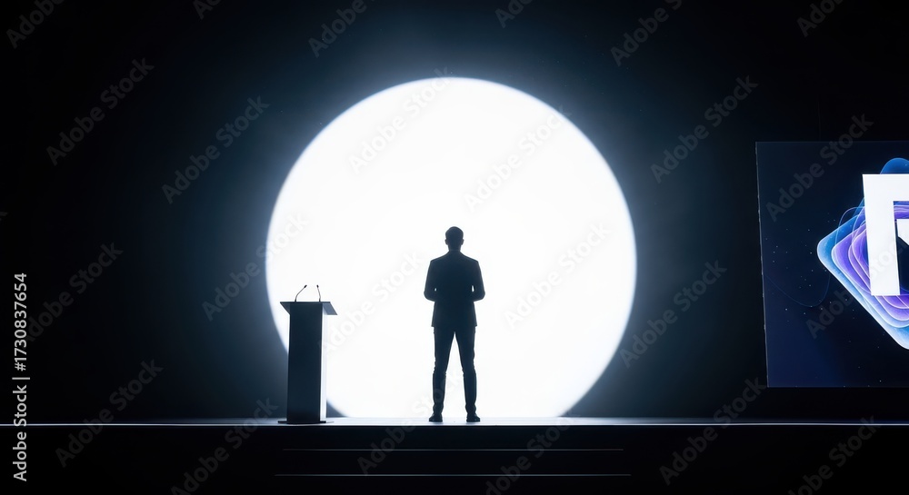 Obraz premium A lone figure stands on a brightly lit stage ready to present