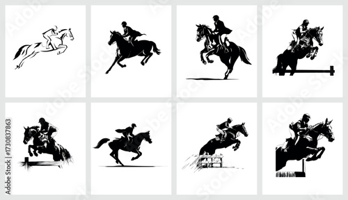 Dynamic equestrian sport silhouettes showcasing horse and rider isolated on white background