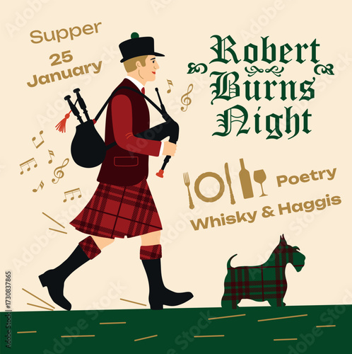 Robert Burns Night 25th January, United Kingdom Scotland background vintage invitation illustration a musician in red costume with bagpipes