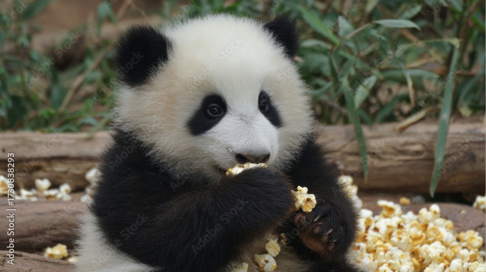 Obraz premium A playful baby panda enjoys munching on popcorn in a lush outdoor environment. The scene captures the joy and curiosity of this young creature as it explores its surroundings.