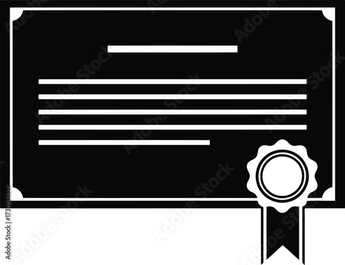 Black silhouette of a certificate with a ribbon and seal on white background Keywords: certificate, diploma, award, document