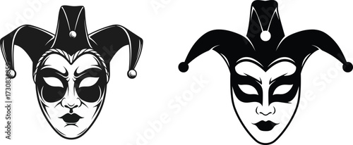 Two black and white illustrations of a jester mask with a harlequin hat Keywords: jester, mask, harlequin, clown, fool
