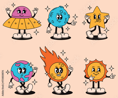 A set of groovy space characters. Planets, sun, comet.