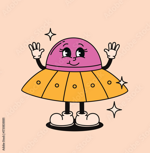 Groovy space character flying saucer. Flat vector illustration.