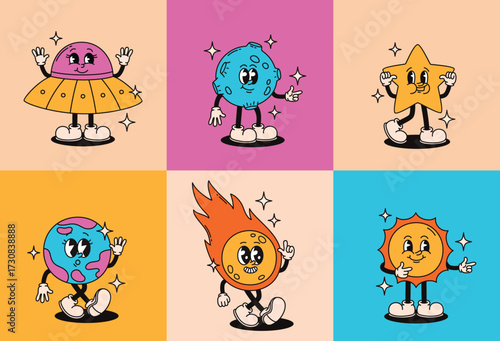 Groovy retro-style space characters. Planets, sun, comet.