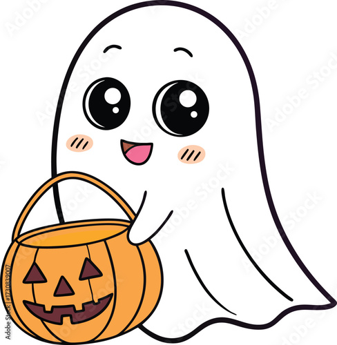 Adorable kawaii cartoon ghost holding a jack o lantern trick or treat bucket with a happy smiling face and blush marks on cheeks