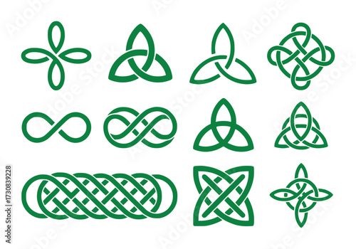 Collection of Green Celtic Knots and Infinity Symbols on White Background