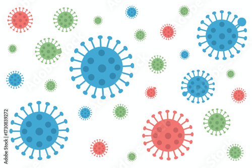 Diverse Coronavirus Variant Illustration with Blue Green and Red Pathogen Molecules on White Backdrop