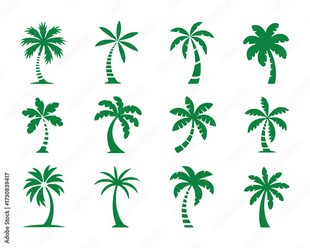 Naklejka premium Collection of Stylized Green Palm Tree Icons on White Background