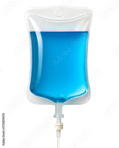 3d clear medical iv fluid bag with blue solution in transparent background png and white background jpg

