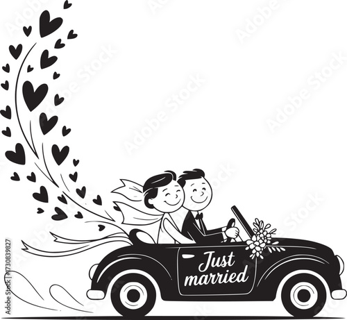 Newlyweds in Vintage Ride: Captured in a playful illustration, a jubilant couple embarks on their new journey, symbolized by a classic car, accompanied by a trail of hearts.