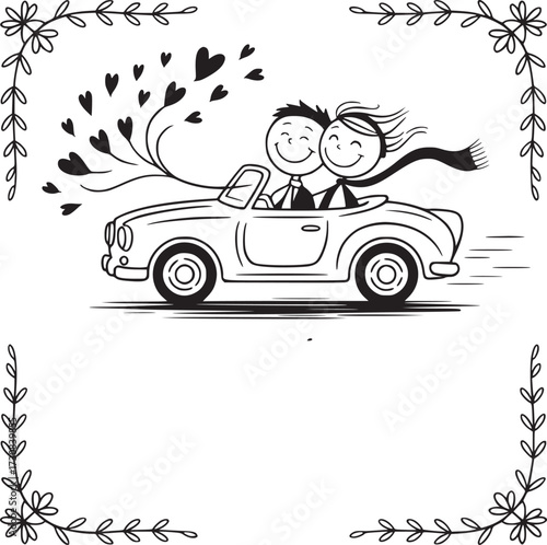 Love's Joyride: A whimsical illustration depicts a cheerful couple cruising in a classic car, with hearts trailing behind them, symbolizing a joyful journey of love and togetherness. 