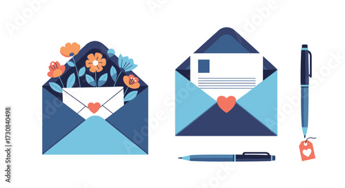 An elegant collection of envelopes with floral and heart details and writing instruments.