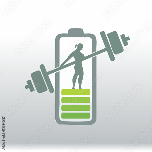 Koncepcja energii i mocy z treningu. Kobieta ze sztangą w ikonie baterii jako metafora siły i fitnessu.