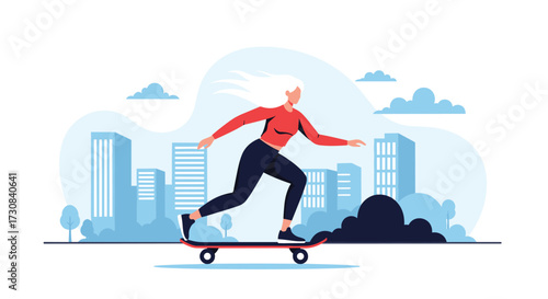 A woman skateboarding in a city with skyscrapers and fluffy clouds.