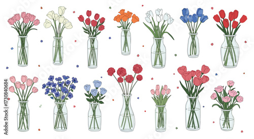 A vibrant collection of fresh flowers artfully arranged in clear glass vases on a white background with falling petals.