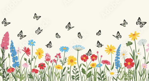 A vibrant meadow teeming with a diversity of wildflowers and fluttering butterflies.