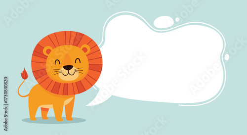 A cute cartoon lion with an empty speech bubble on a light blue background.