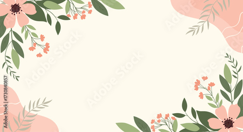 A delicate arrangement of pink and coral flowers adorns the corners of a soft cream background.