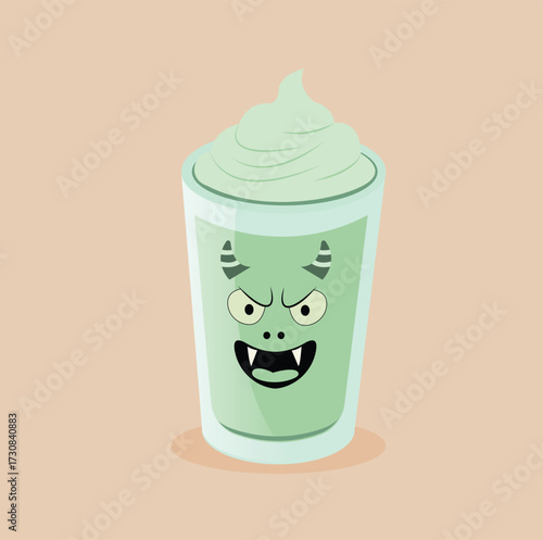 Mint green latte with cartoon monster. Halloween coffee drink. Vector illustration.