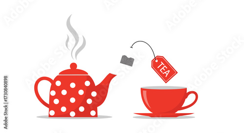 Steaming red teapot pouring tea into a red teacup with a tea bag.