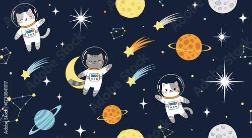 Cute pixel art cats in astronaut suits exploring the vastness of outer space.