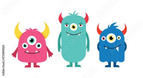 Three cute colorful cartoon monsters with horns and multiple eyes dancing happily together.