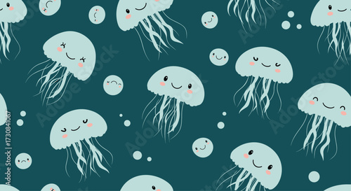 Adorable cute jellyfish floating happily in the deep blue ocean with small bubbles.
