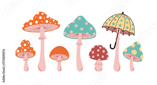 A whimsical collection of colorful mushrooms with various patterns like polka dots and stars including one umbrella.