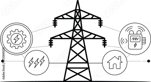 Electrical transmission tower and power grid distribution system diagram icon