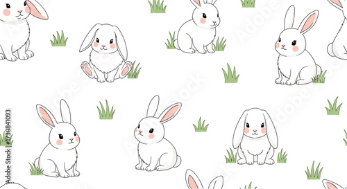 Cute fluffy bunnies frolic in a grassy meadow on a bright day.