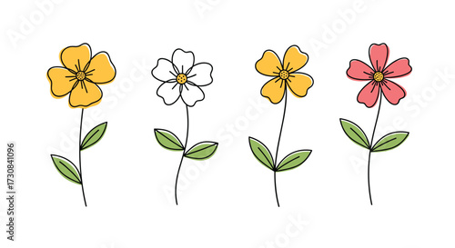 A delightful collection of four simple hand-drawn flowers with colorful petals and green leaves.