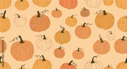 A charming pattern featuring various pumpkins in different sizes and shades of orange.