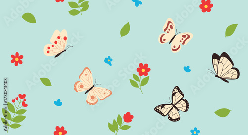 A collection of colorful butterflies flying among small flowers and green leaves on a bright blue background.