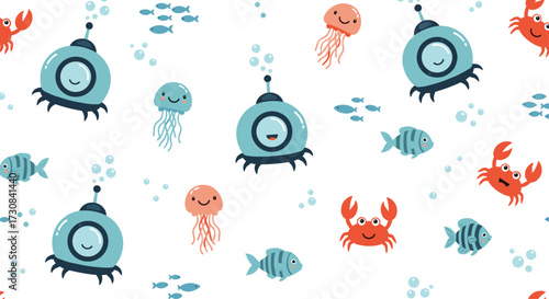 Cute ocean submarines with friendly sea creatures and tiny fish swim.