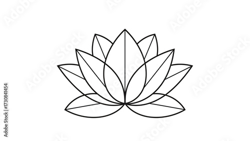 A simple black and white line art illustration of a symmetrical lotus flower against a plain white background.