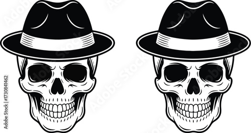 Two skull illustrations wearing a hat, skull vector art, skull graphics design