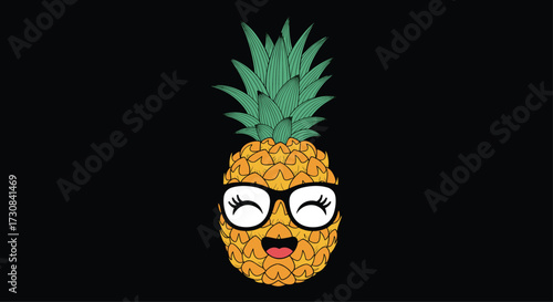 A cute and happy pineapple wearing glasses and smiling brightly on a black background.