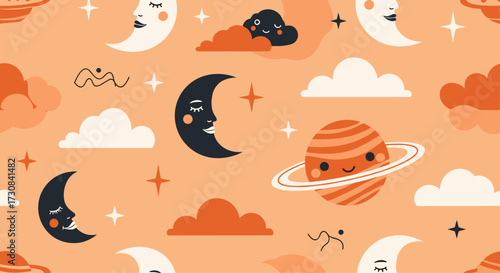 Whimsical celestial night pattern with smiling moons clouds and planets.