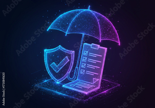 Cybersecurity protection with glowing neon shield and checklist ensures digital safety and compliance in a modern tech landscape, offering peace of mind