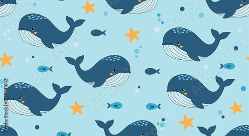 Cute blue whales swimming with small fish and star shapes in the ocean water.