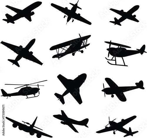 Airplane and Helicopter Silhouette Vector Set .