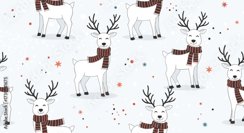 A cheerful pattern of white reindeer wearing scarves in a gentle snowfall.