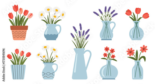 A collection of floral arrangements in various vases and pots.